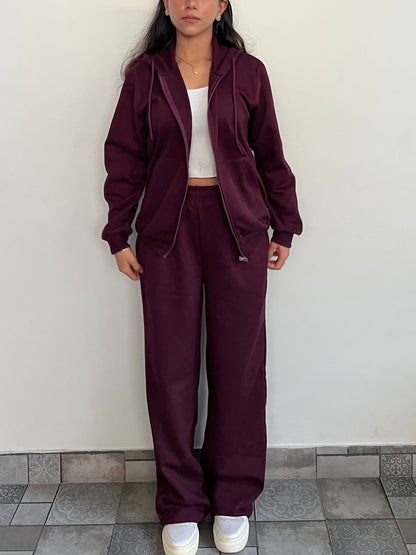 Unisex Burgundy Zipper Hoodie Cotton Fleece SET (Medium Warmth)