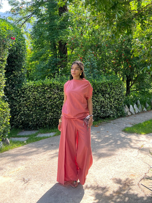 Dusty Rose Pure Cotton Draped Top & Pants Set
