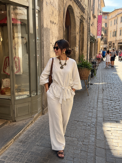 Ecru Front Tie-Up Cotton Linen Top & Pant Set