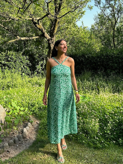 Halter Cotton Linen Blend Printed Dress
