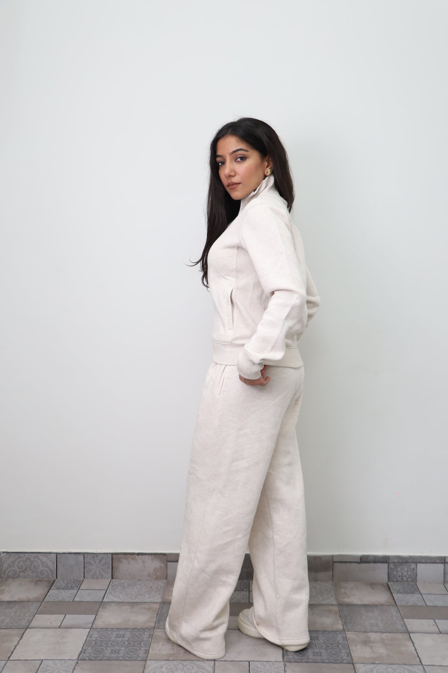 Fleece Grey Melange Zipper & Fleece Pants SET