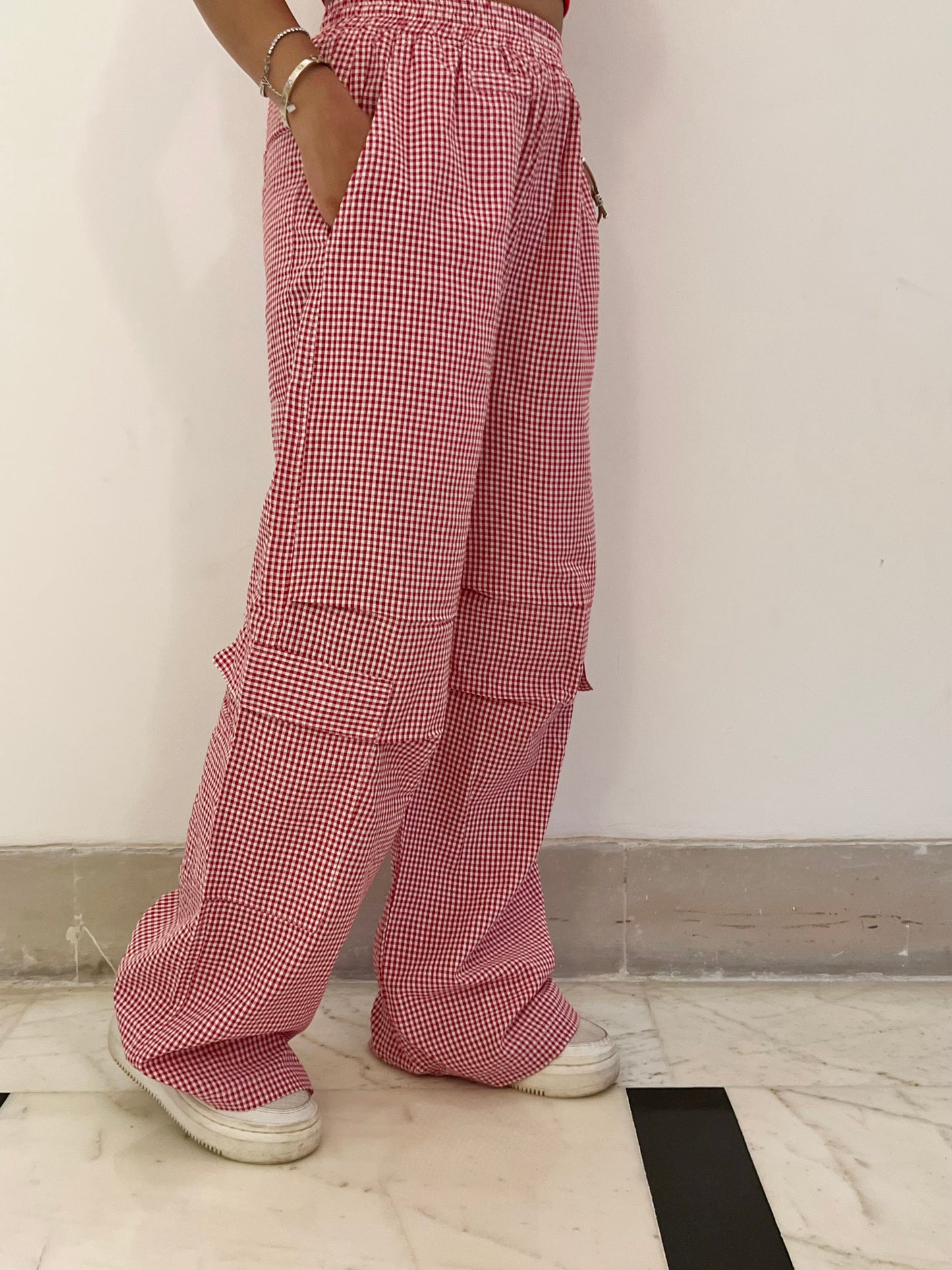 Red Half Sleeves Gingham Pant Set