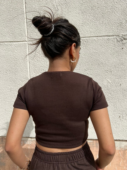 Brown French Terry Half Sleeves Cargo Set