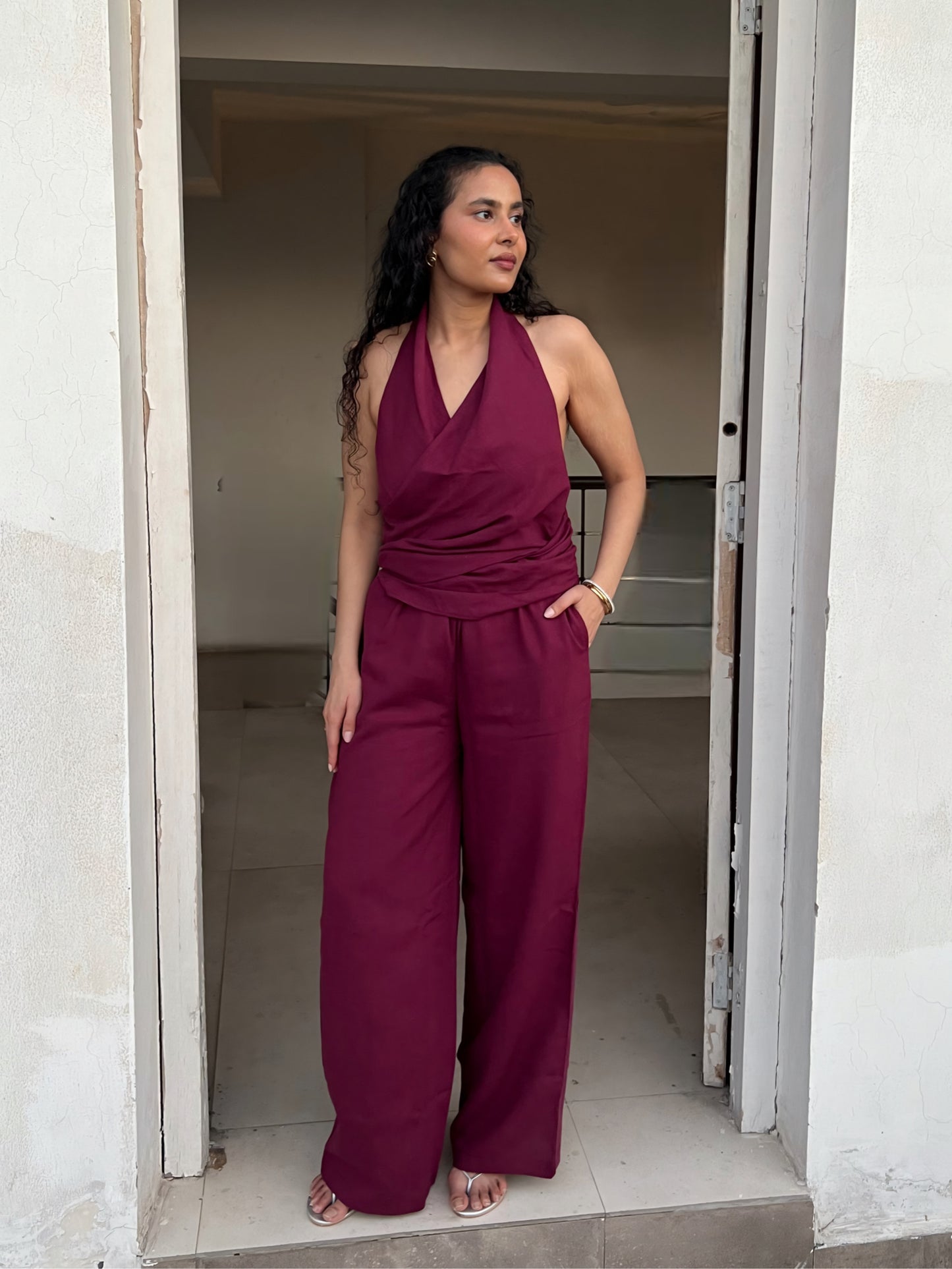 Wine Cotton Linen Ruched Halter Top & Pants Set