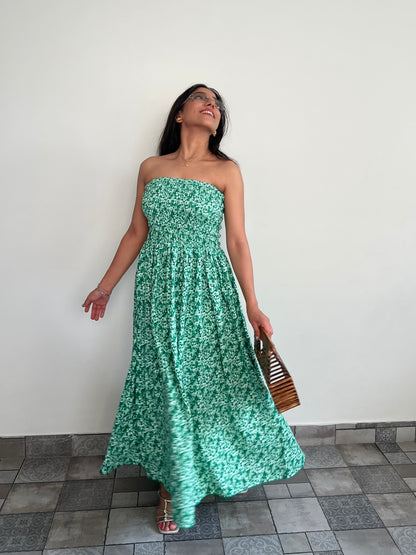 Tube smocking green print dress