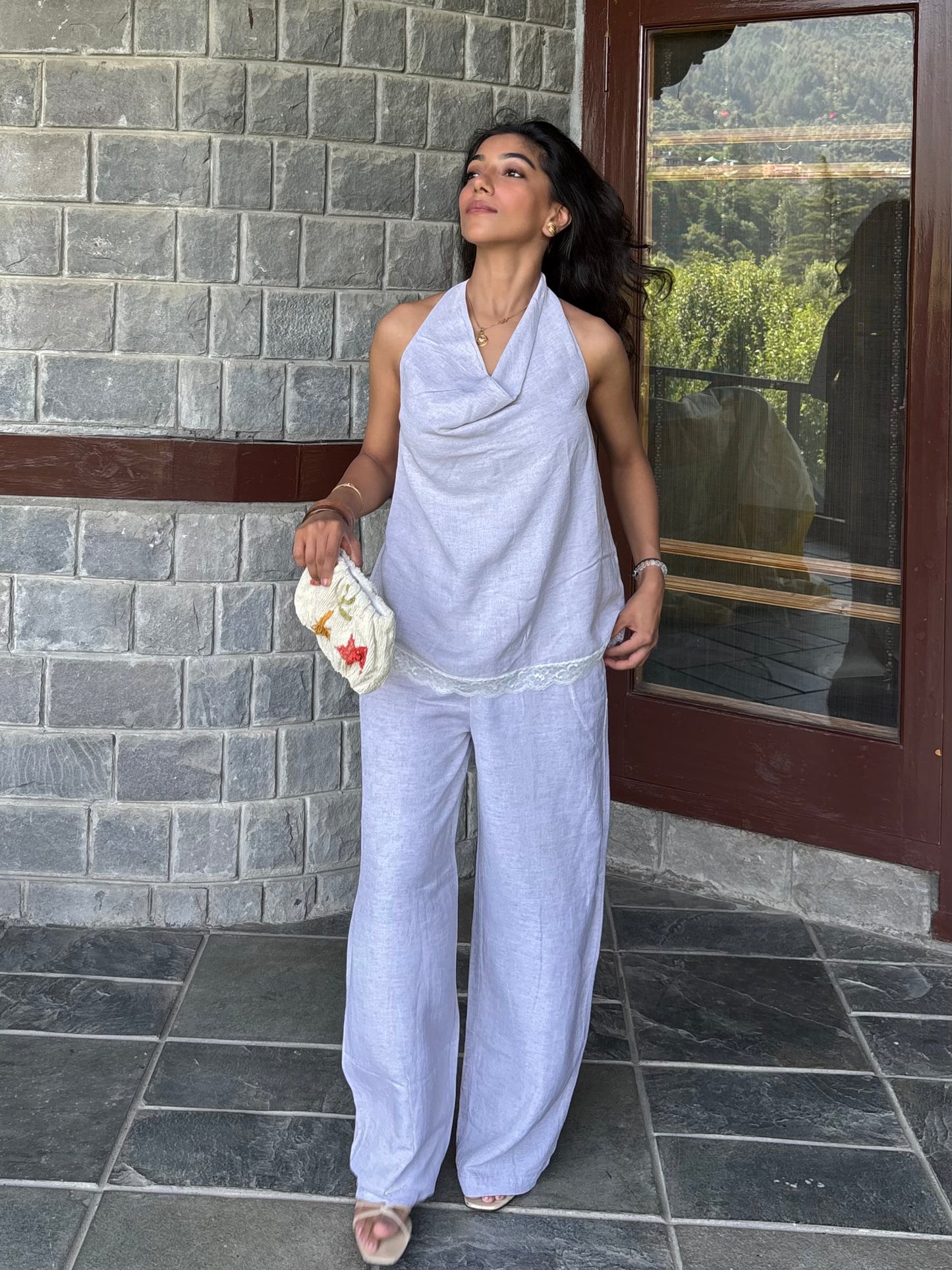 Cotton Melange Cowl Neck Lace Detailing Set