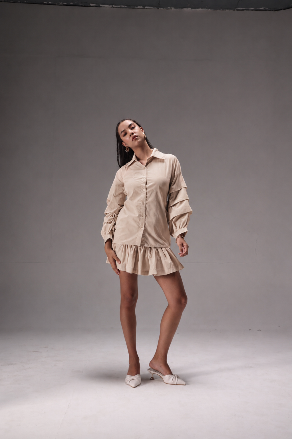 Beige Cotton Linen Ruffle Skort Set