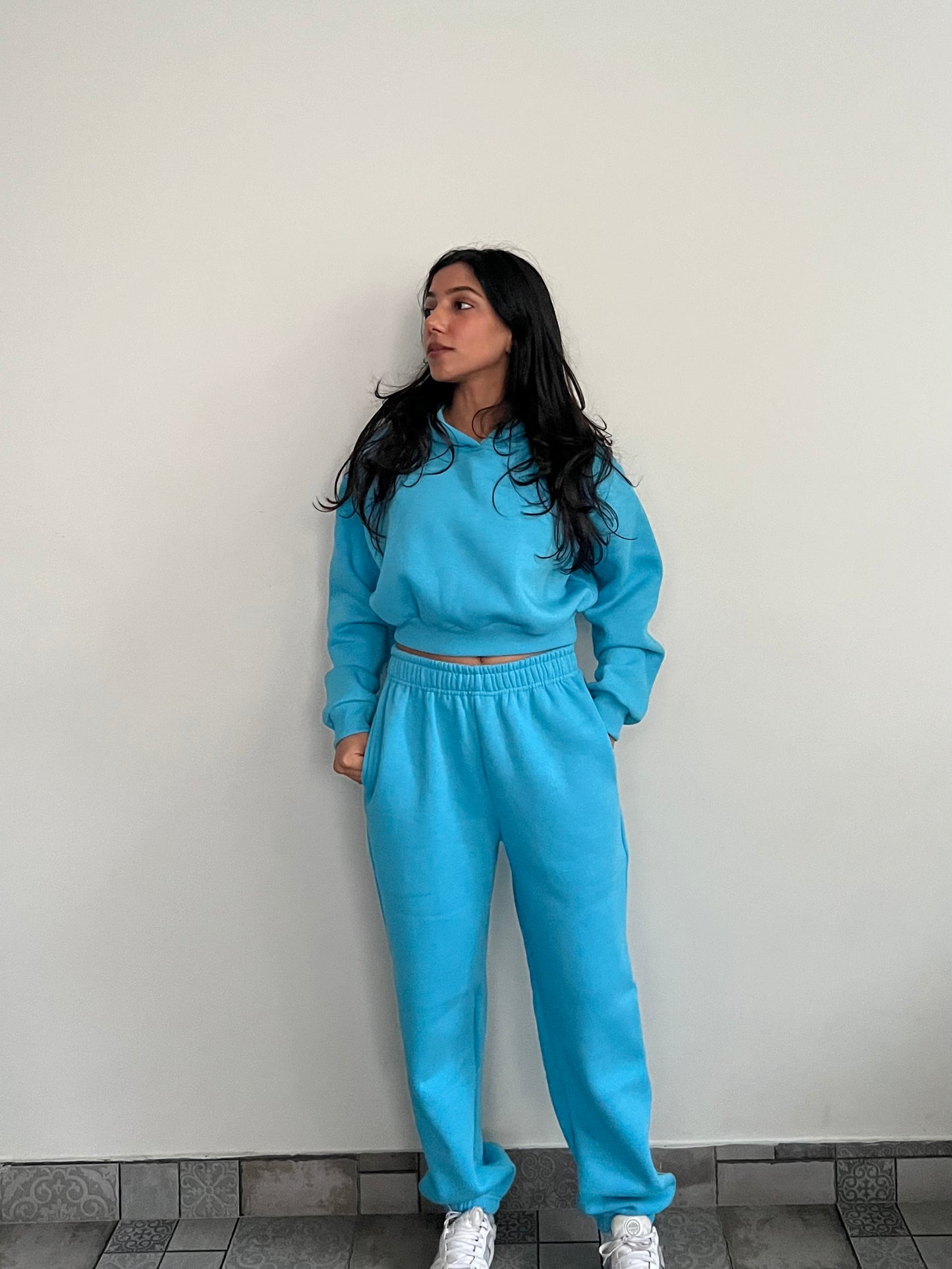 Light Blue Cropped Hoodie Cotton Fleece SET