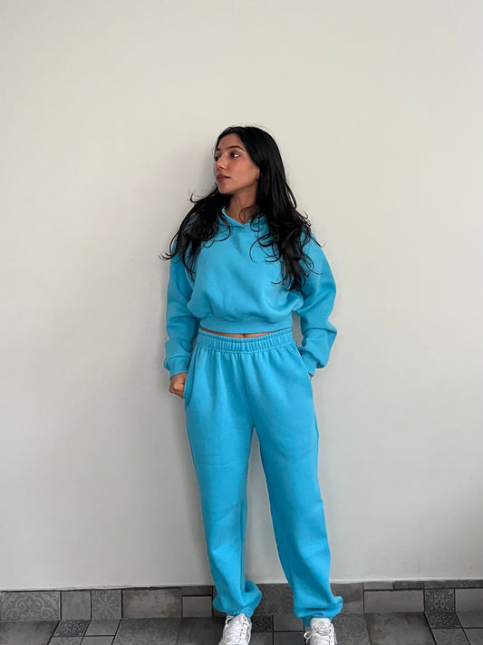 Light Blue Cropped Hoodie Cotton Fleece SET