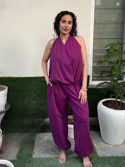 Plum Cotton Terry Tie-Up Top & Balloon Pants Set