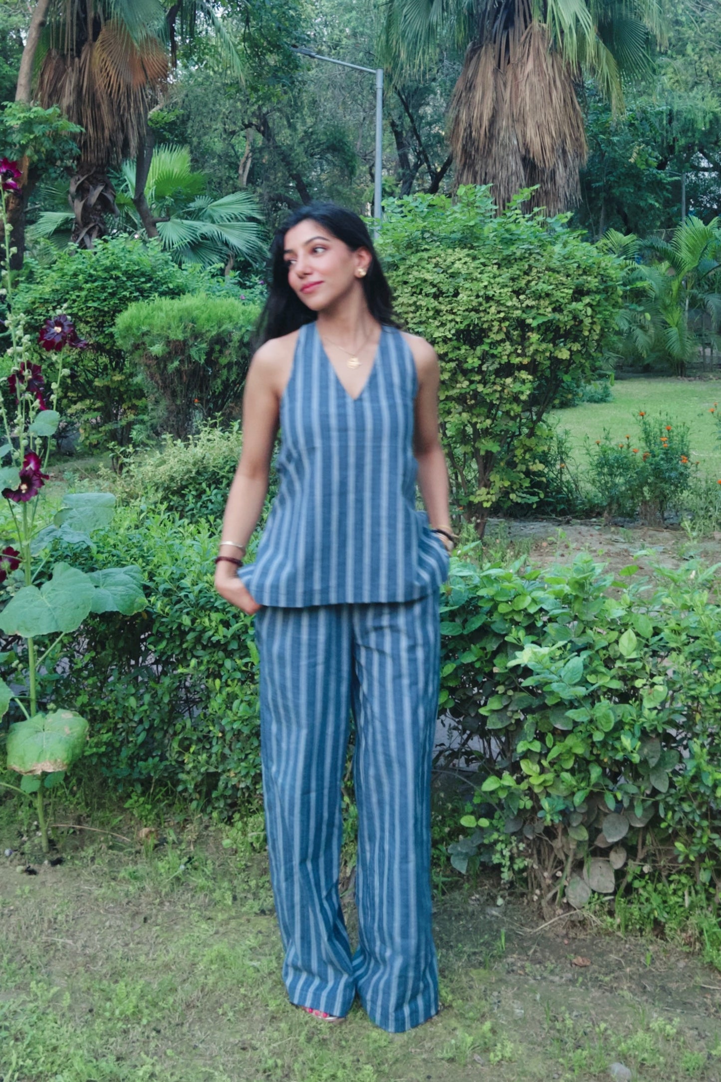 Blue Pure Cotton Stripes Tie up & Pants Set