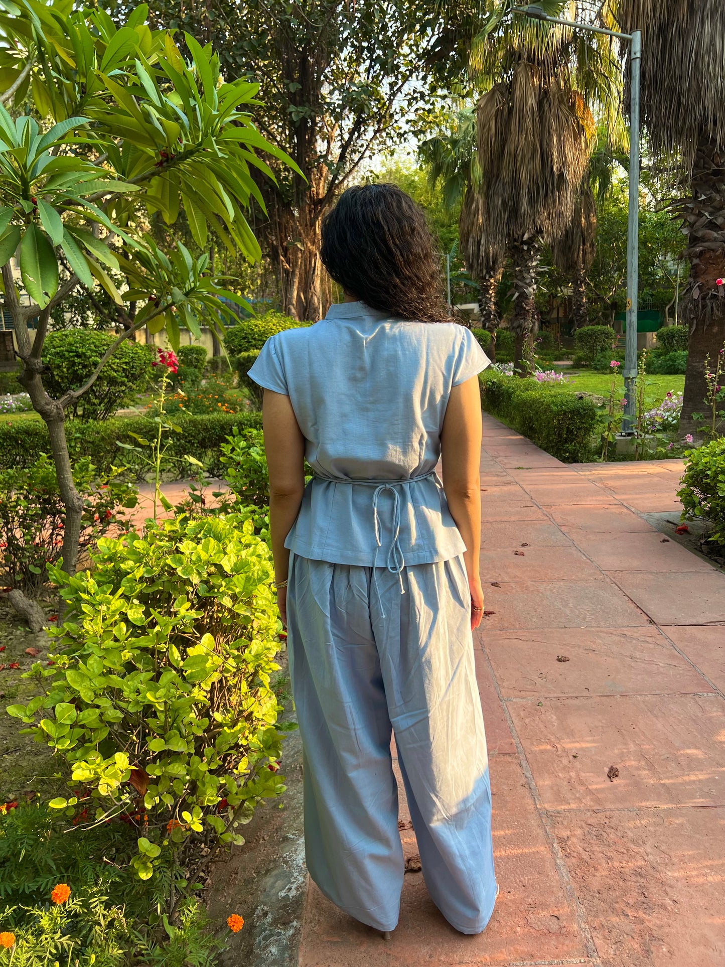 Powder Blue Pure Cotton Keyhole Shirt & Pants Set