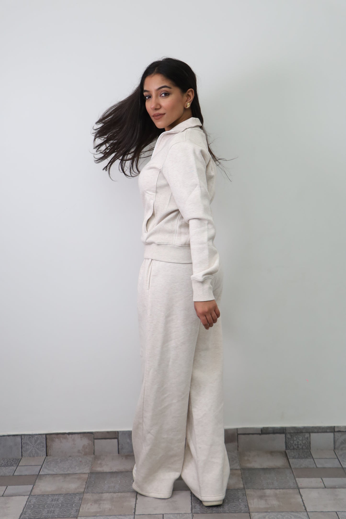 Fleece Grey Melange Zipper & Fleece Pants SET