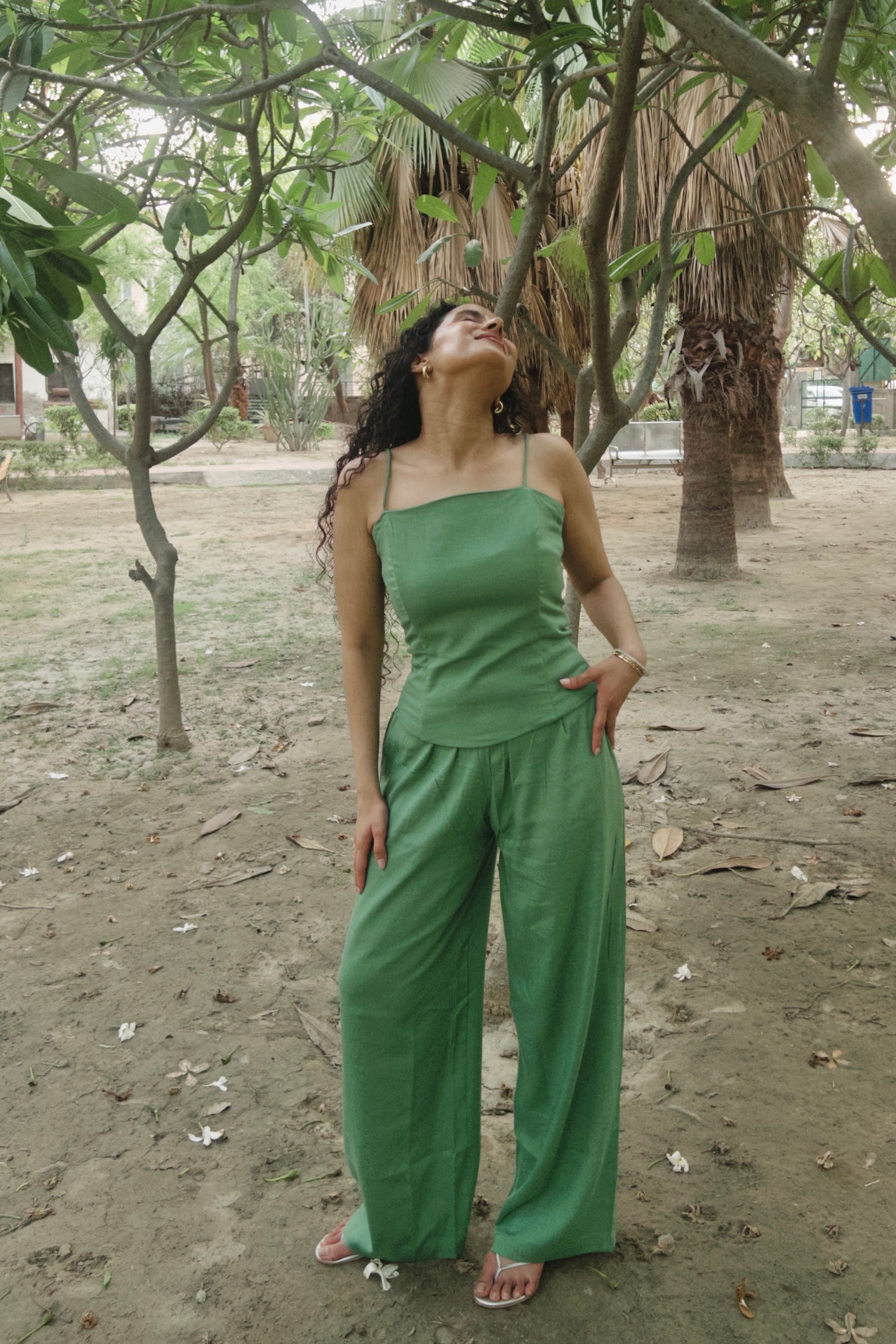 Sage Green Pure Cotton Boned Corset Top & Pants Set
