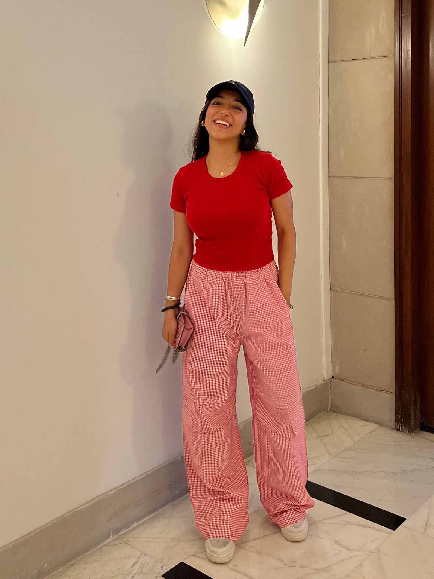 Red Half Sleeves Gingham Pant Set