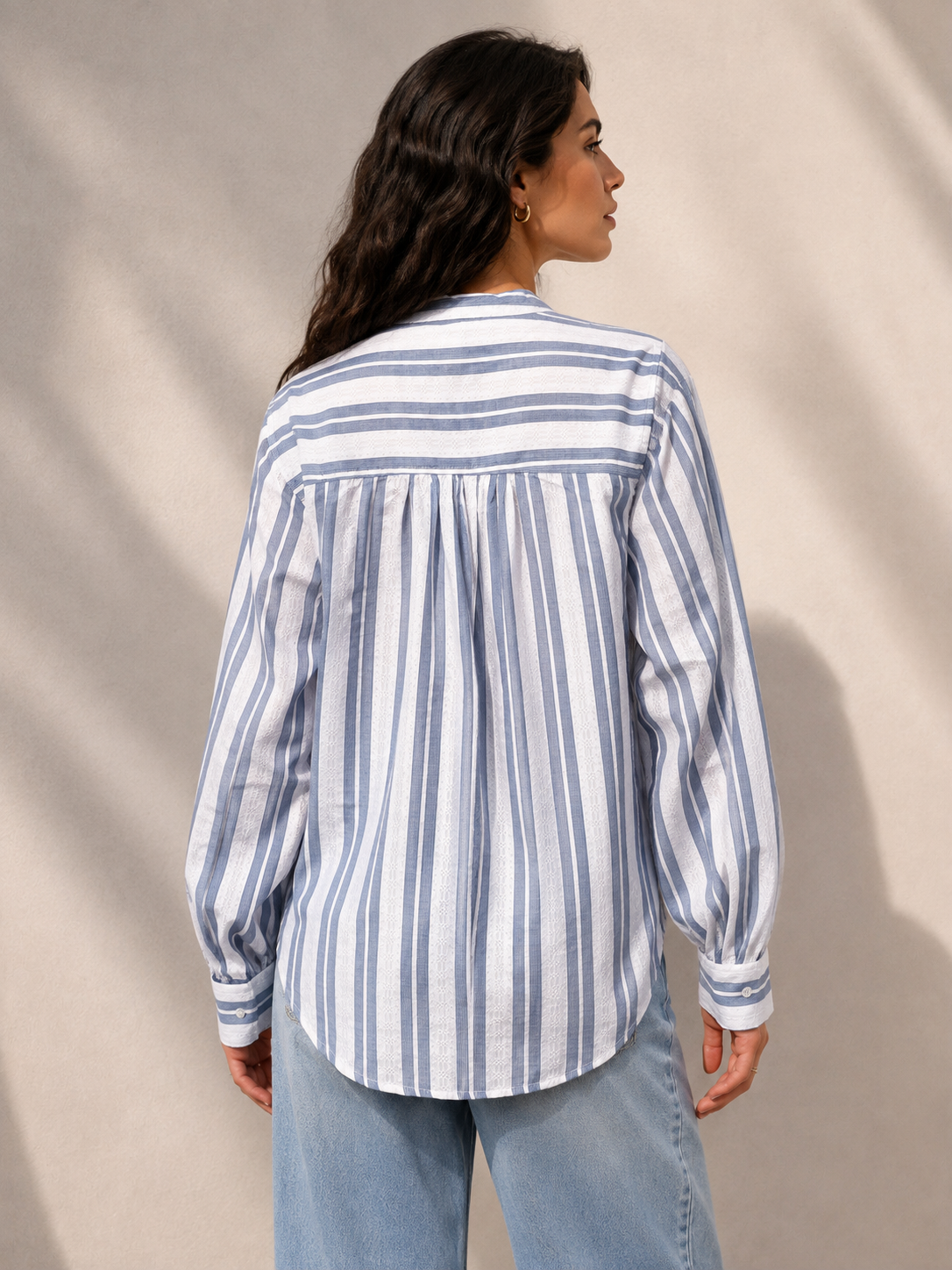 Blue & White Striped Cotton Linen Tunic with lace detailing