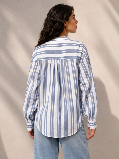 Blue & White Striped Cotton Linen Tunic with lace detailing
