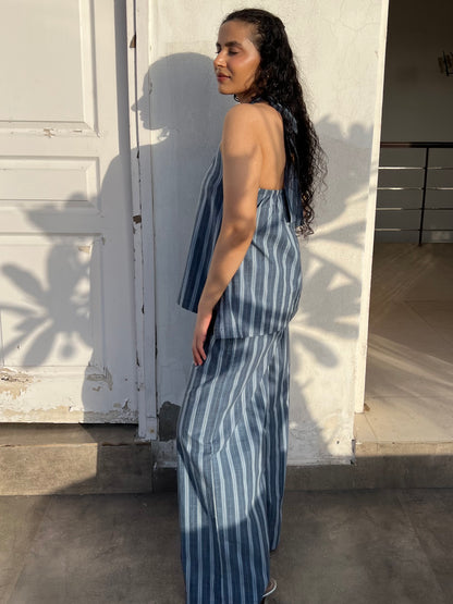 Blue Pure Cotton Stripes Tie up & Pants Set