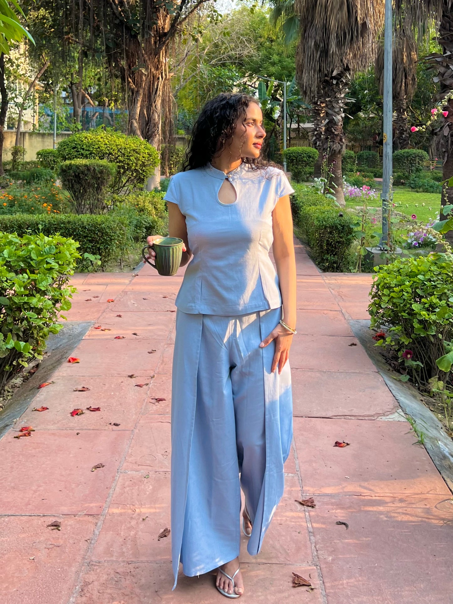 Powder Blue Pure Cotton Keyhole Shirt & Pants Set