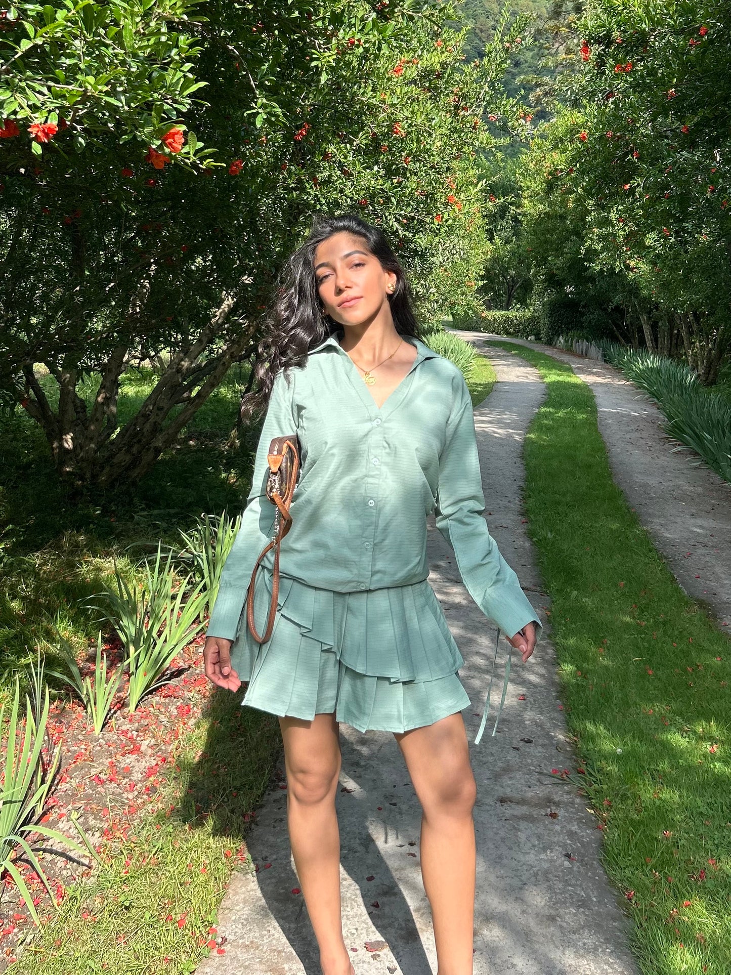 Sage Stripes Cotton Poplin Shirt & Pleated Skort Set