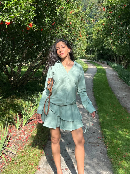 Sage Stripes Cotton Poplin Shirt & Pleated Skort Set