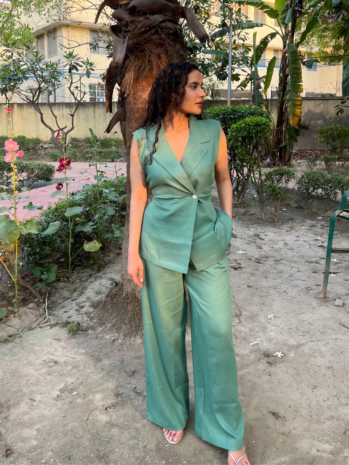 Sage Green Pure Cotton Blazer & Pants Set