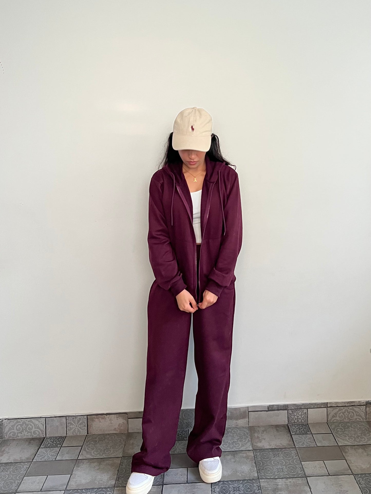 Unisex Burgundy Zipper Hoodie Cotton Fleece SET (Medium Warmth)