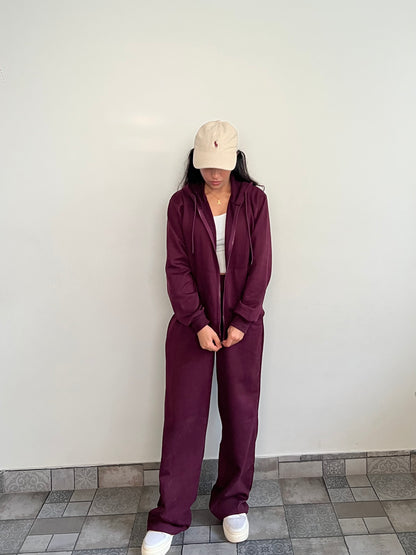 Unisex Burgundy Zipper Hoodie Cotton Fleece SET (Medium Warmth)
