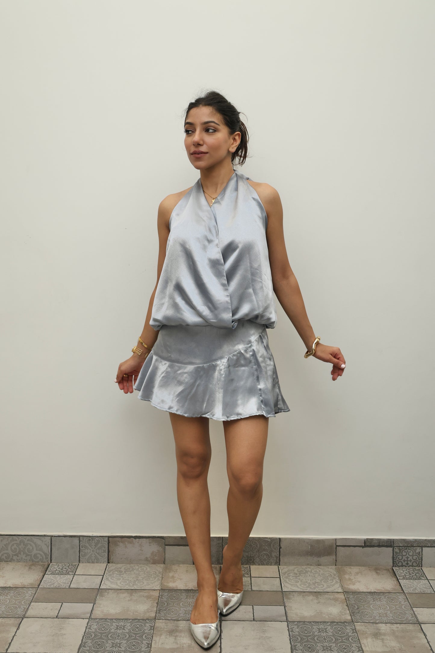 Subtle Silver Luxe Satin SKORT Set