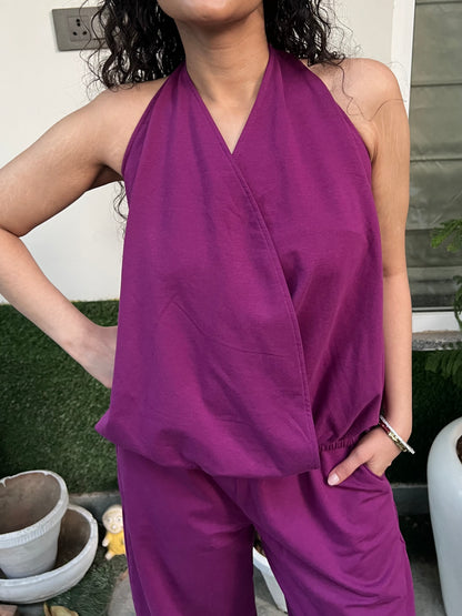 Plum Cotton Terry Tie-Up Top & Balloon Pants Set