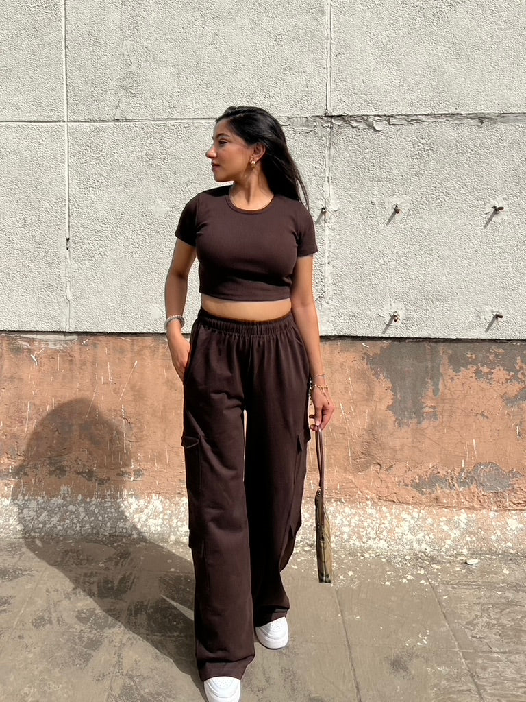 Brown French Terry Half Sleeves Cargo Set