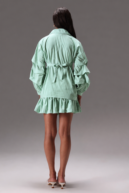 Sage Green Stripes Cotton Poplin Ruffle Skort Set