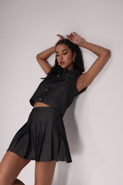Noir Soft Cotton Denim Skort Set