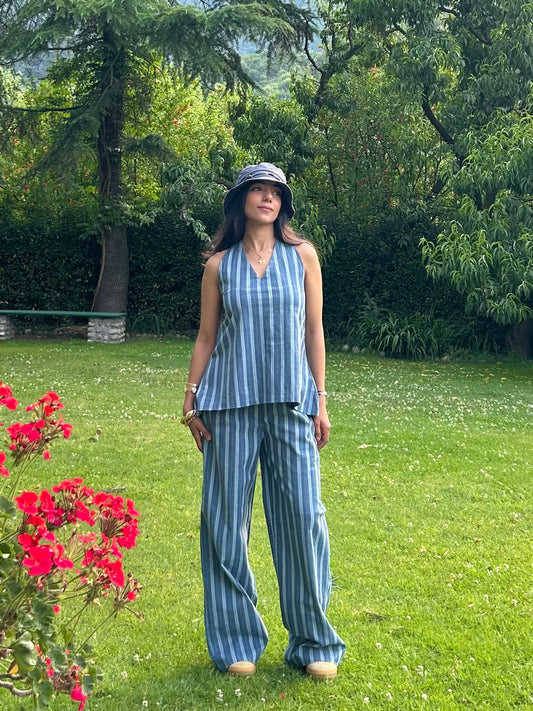 Blue Pure Cotton Stripes Tie up & Pants Set
