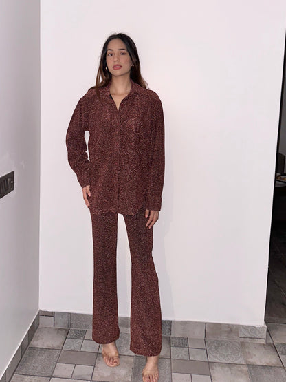 Brown Cotton Shimmer Shirt Set