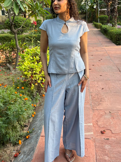 Powder Blue Pure Cotton Keyhole Shirt & Pants Set