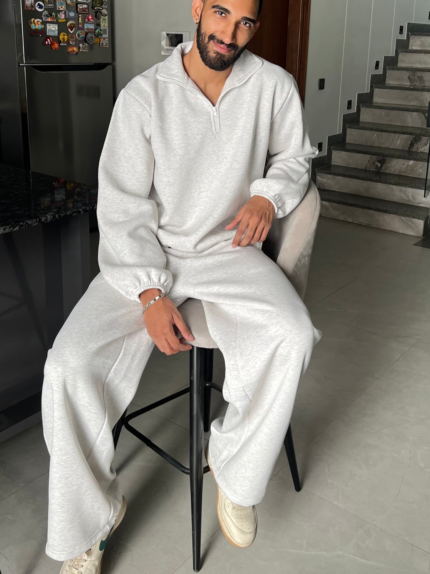 Unisex Grey Melange Half-Zip Cotton Fleece SET  (High Warmth)