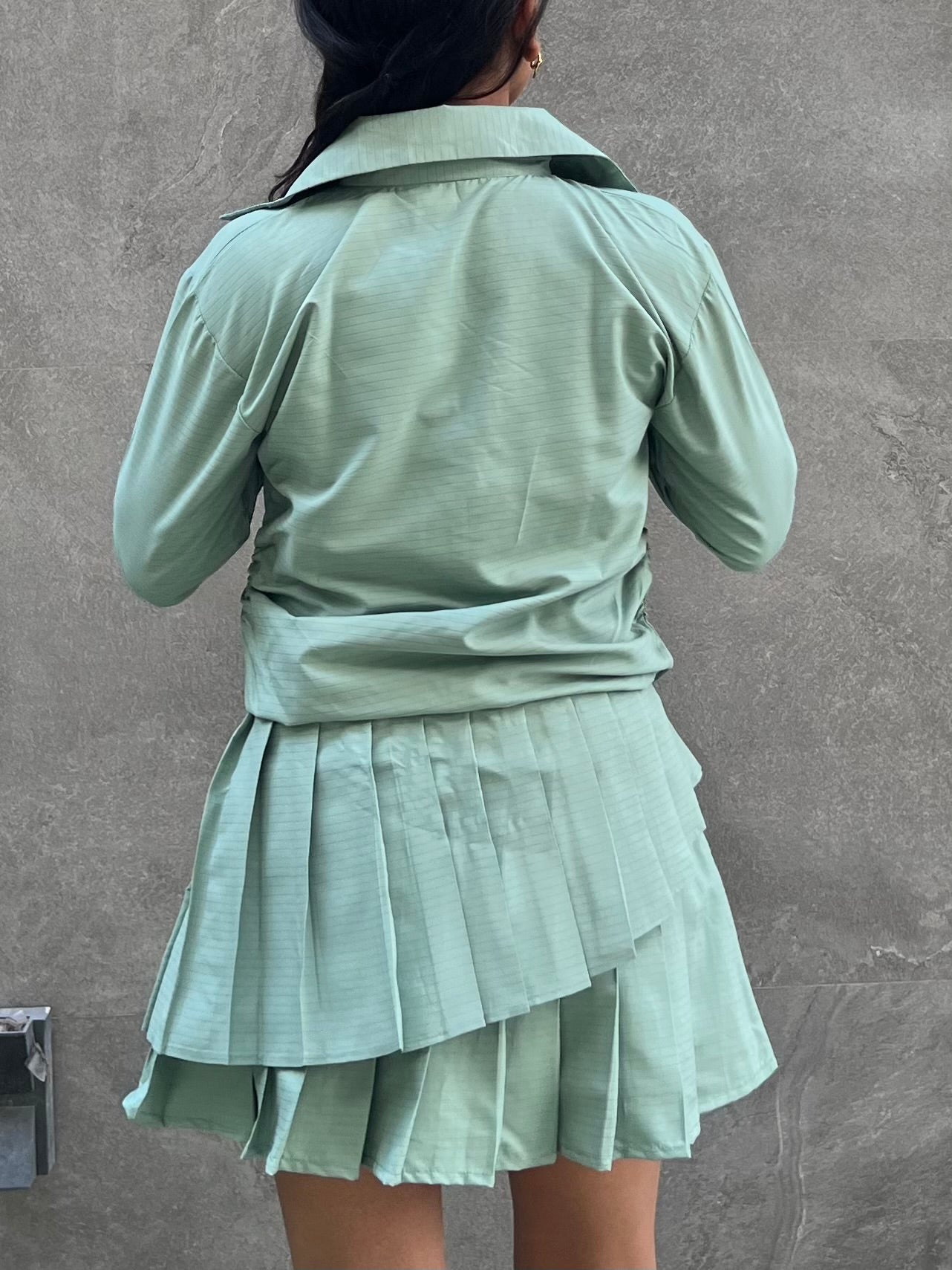 Sage Stripes Cotton Poplin Shirt & Pleated Skort Set