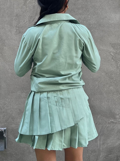 Sage Stripes Cotton Poplin Shirt & Pleated Skort Set