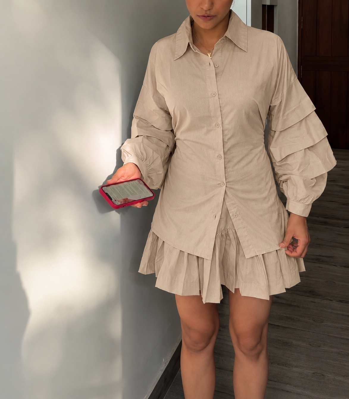 Beige Cotton Linen Ruffle Skort Set