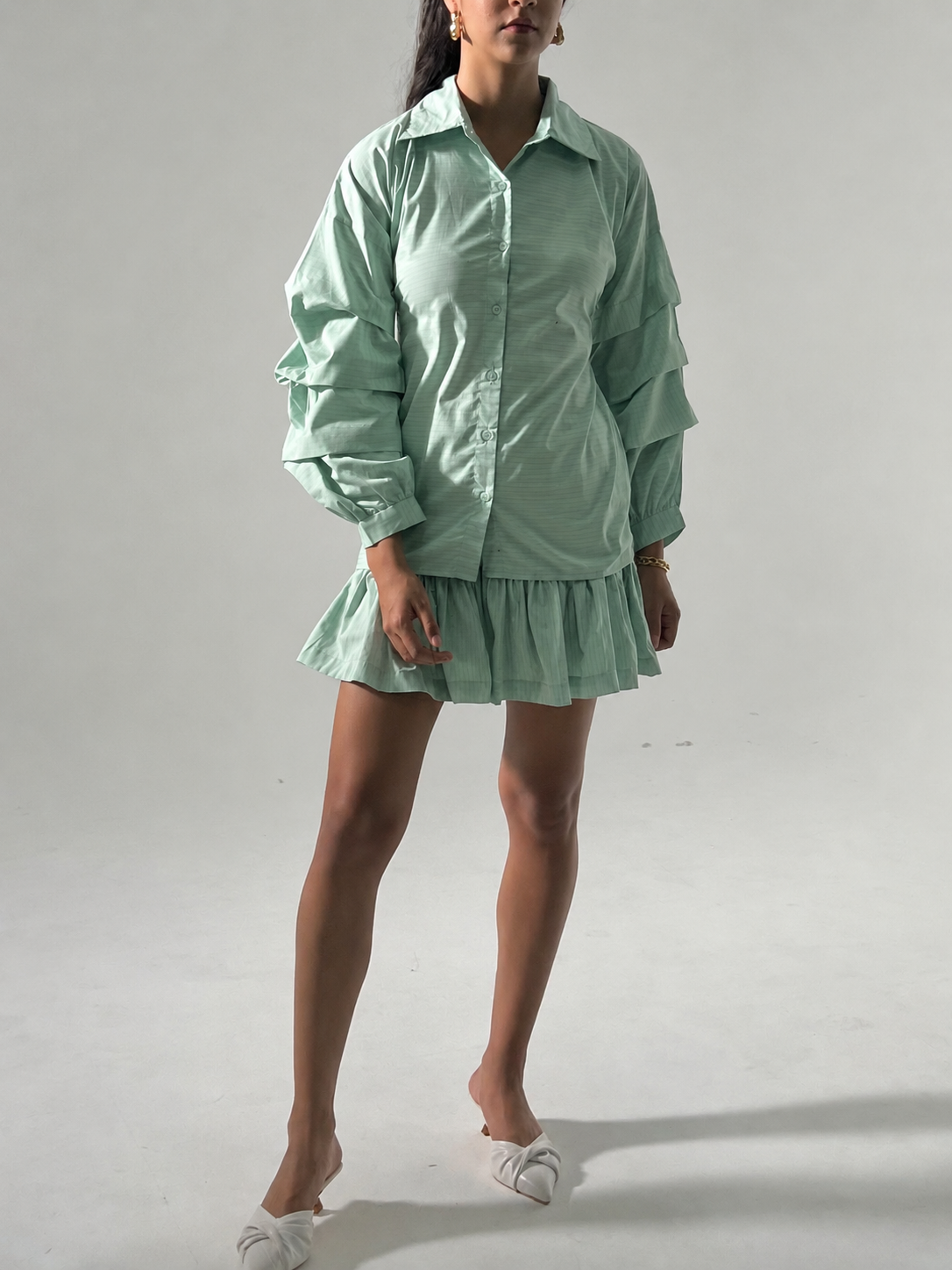 Sage Green Stripes Cotton Poplin Ruffle Skort Set