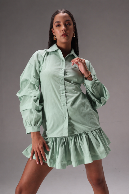 Sage Green Stripes Cotton Poplin Ruffle Skort Set