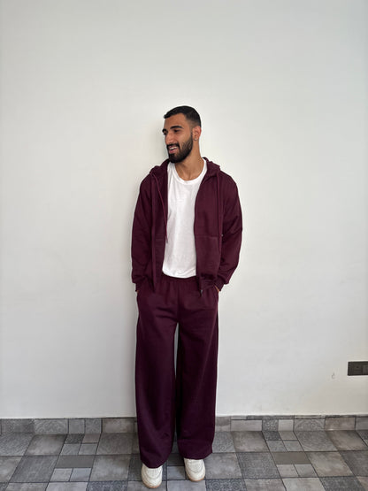 Unisex Burgundy Zipper Hoodie Cotton Fleece SET (Medium Warmth)