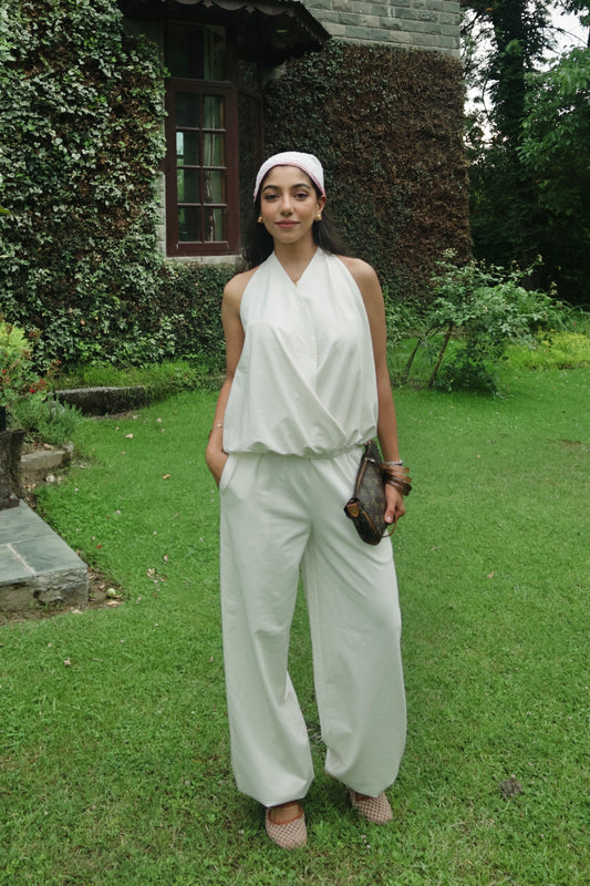 Cream Cotton Tie-Up Top & Balloon Pants Set