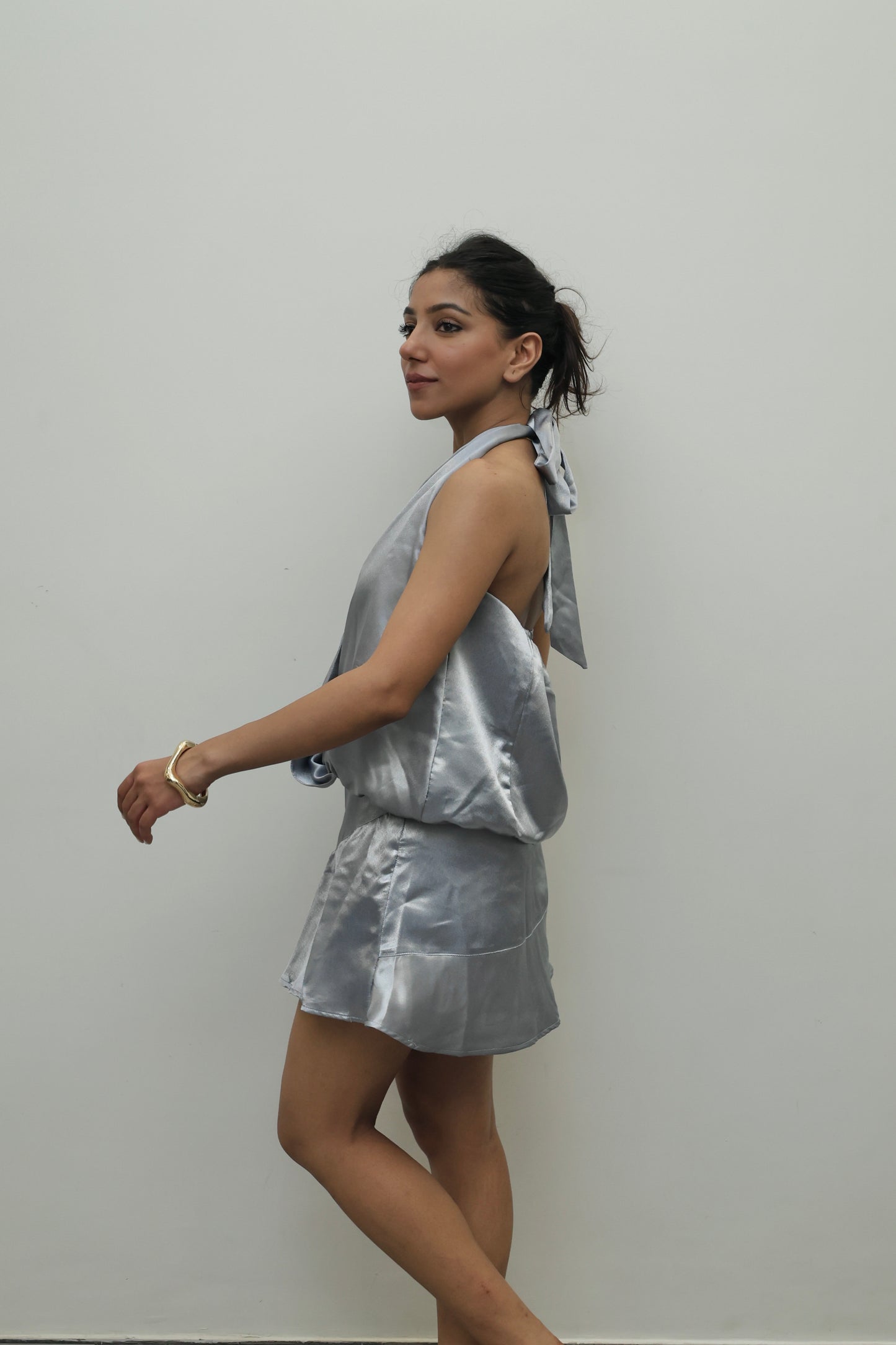 Subtle Silver Luxe Satin SKORT Set