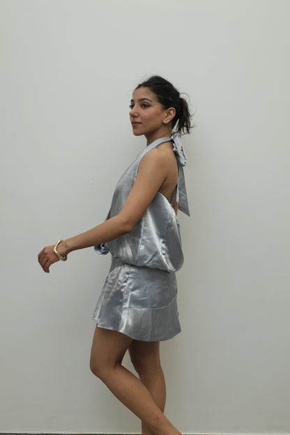 Subtle Silver Luxe Satin SKORT Set