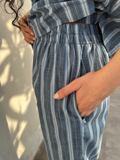 Blue Pure Cotton Stripes Tie up & Pants Set