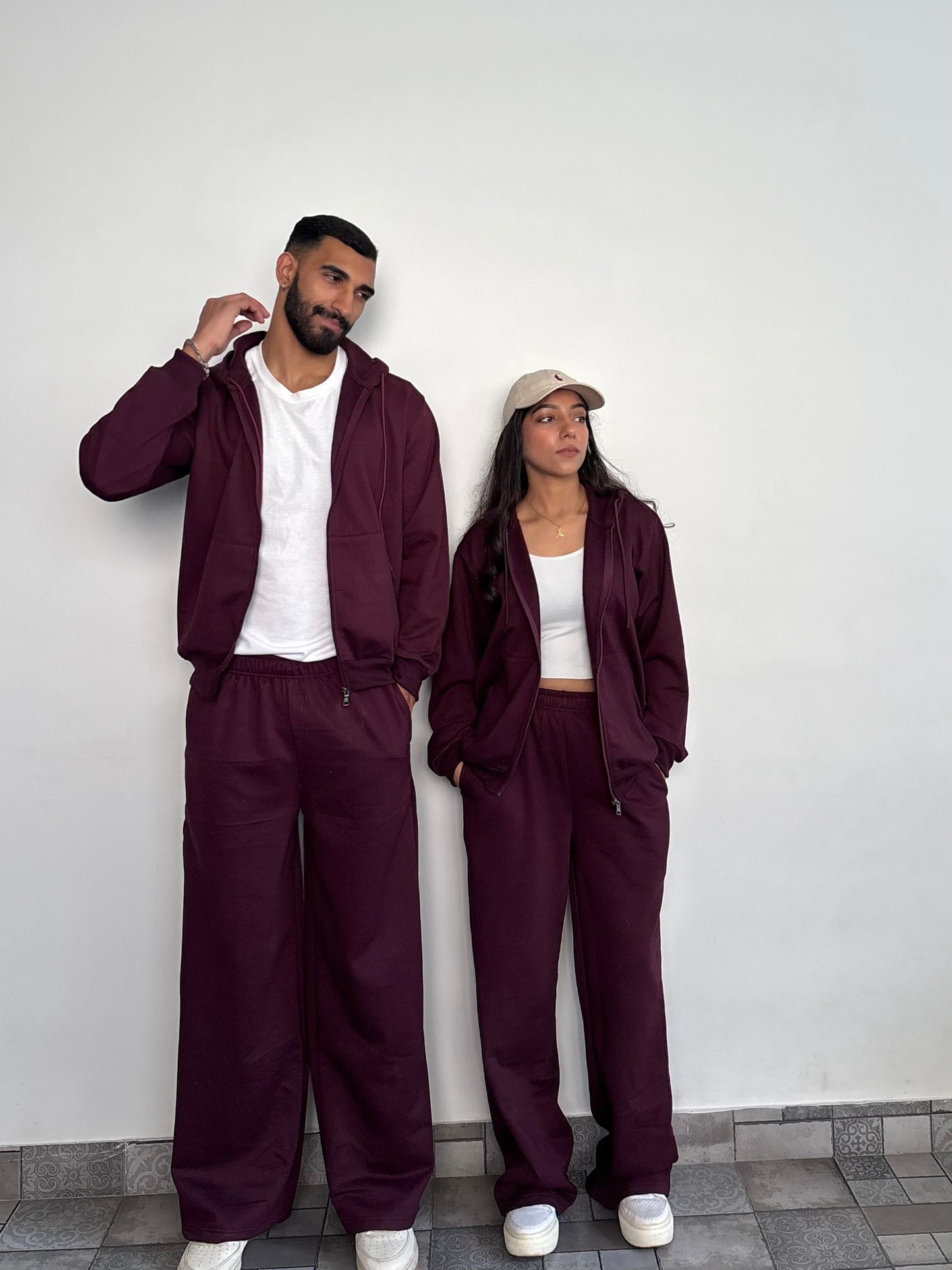 Unisex Burgundy Zipper Hoodie Cotton Fleece SET (Medium Warmth)