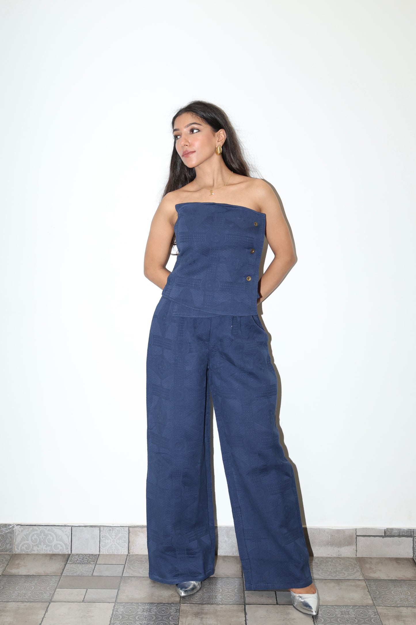 Lightweight Jacquard Strapless Corset Barrel Pant Set