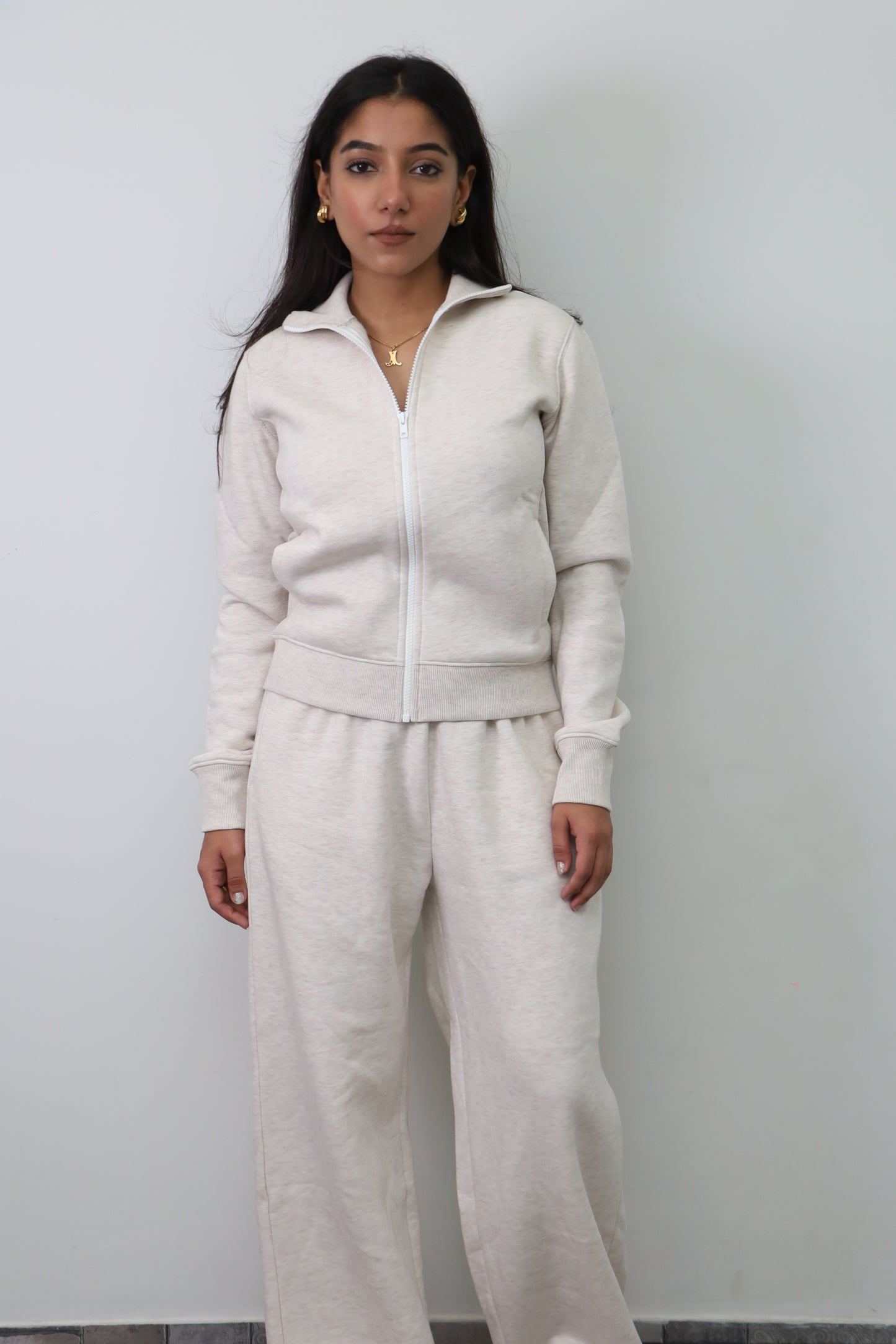 Fleece Grey Melange Zipper & Fleece Pants SET